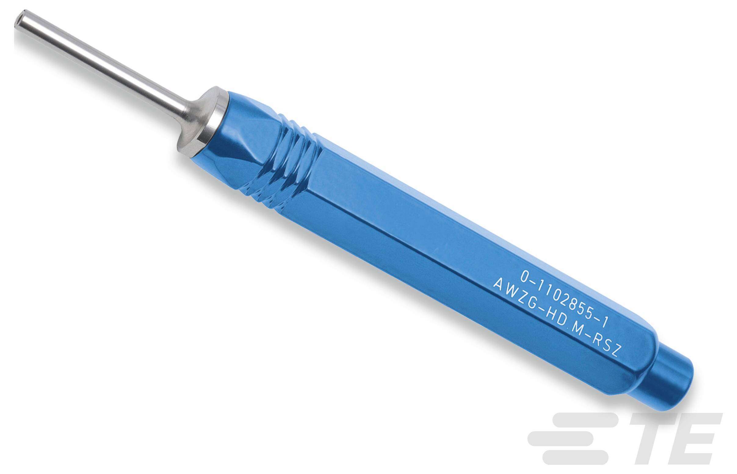 Niebieskie narzędzie ręczne z metalicznym końcem i przetłoczonym uchwytem, zawierające oznaczenia „0-1102855-1 AWG-HD M-RSZ" i logo na dole.