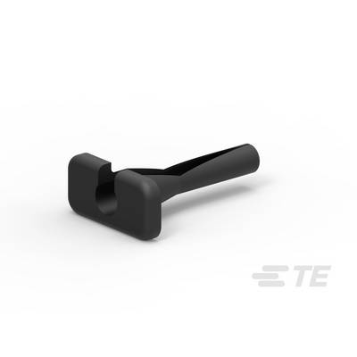 Czarny element o charakterze plastikowym z głowicą w kształcie litery T i rowkiem. Nadaje się do mocowania lub łączenia w zastosowaniach technicznych. Logo 'TE' w dolnym prawym rogu.
