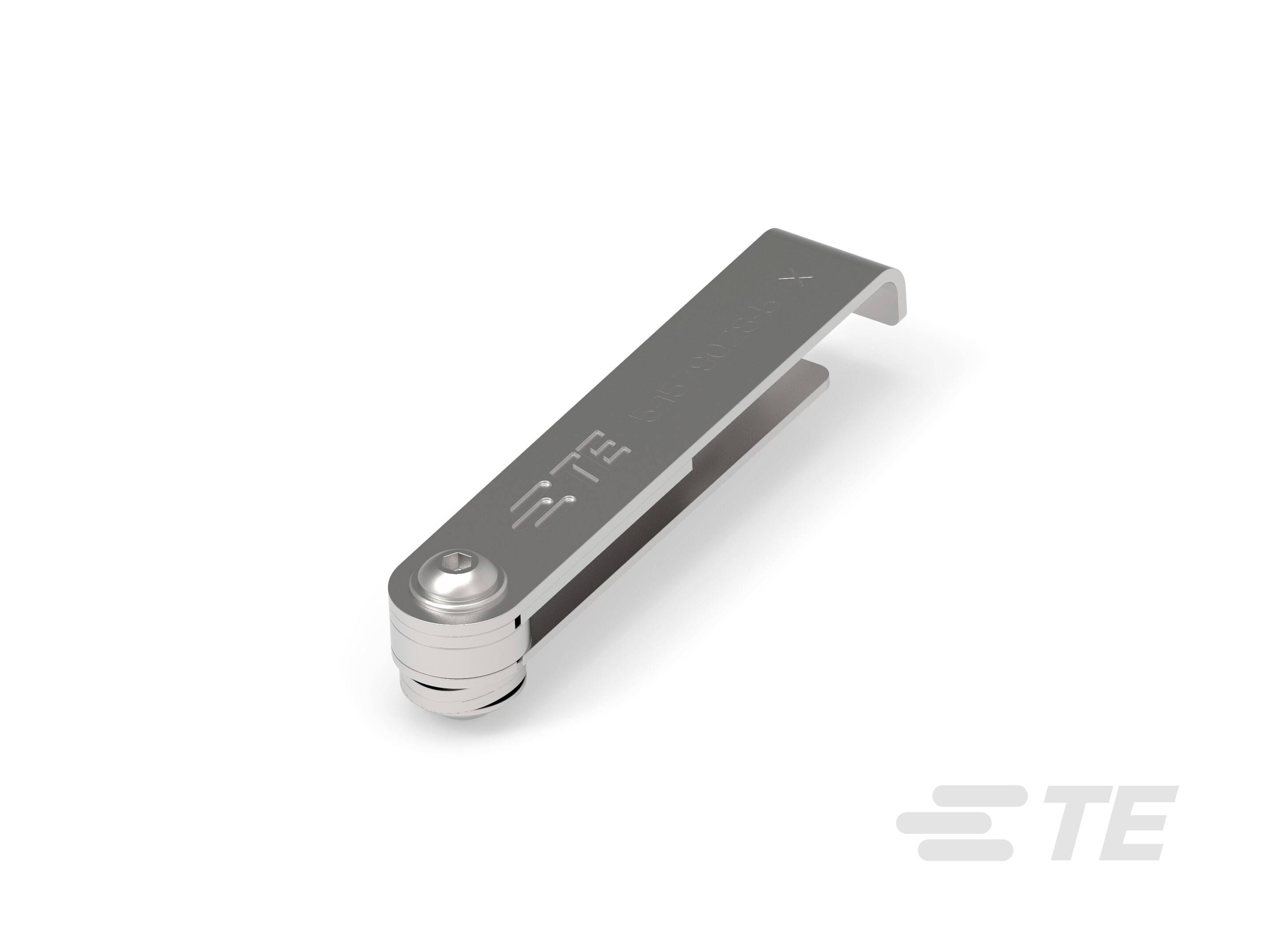 Metalowa klamra z płasko zakończonym końcem i logo marki, prawdopodobnie produkt firmy TE do zastosowań elektronicznych.