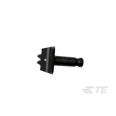 Czarny element mechaniczny z cylindrycznym zakończeniem i prostokątną głowicą; prawdopodobnie element strukturalny lub łączący.