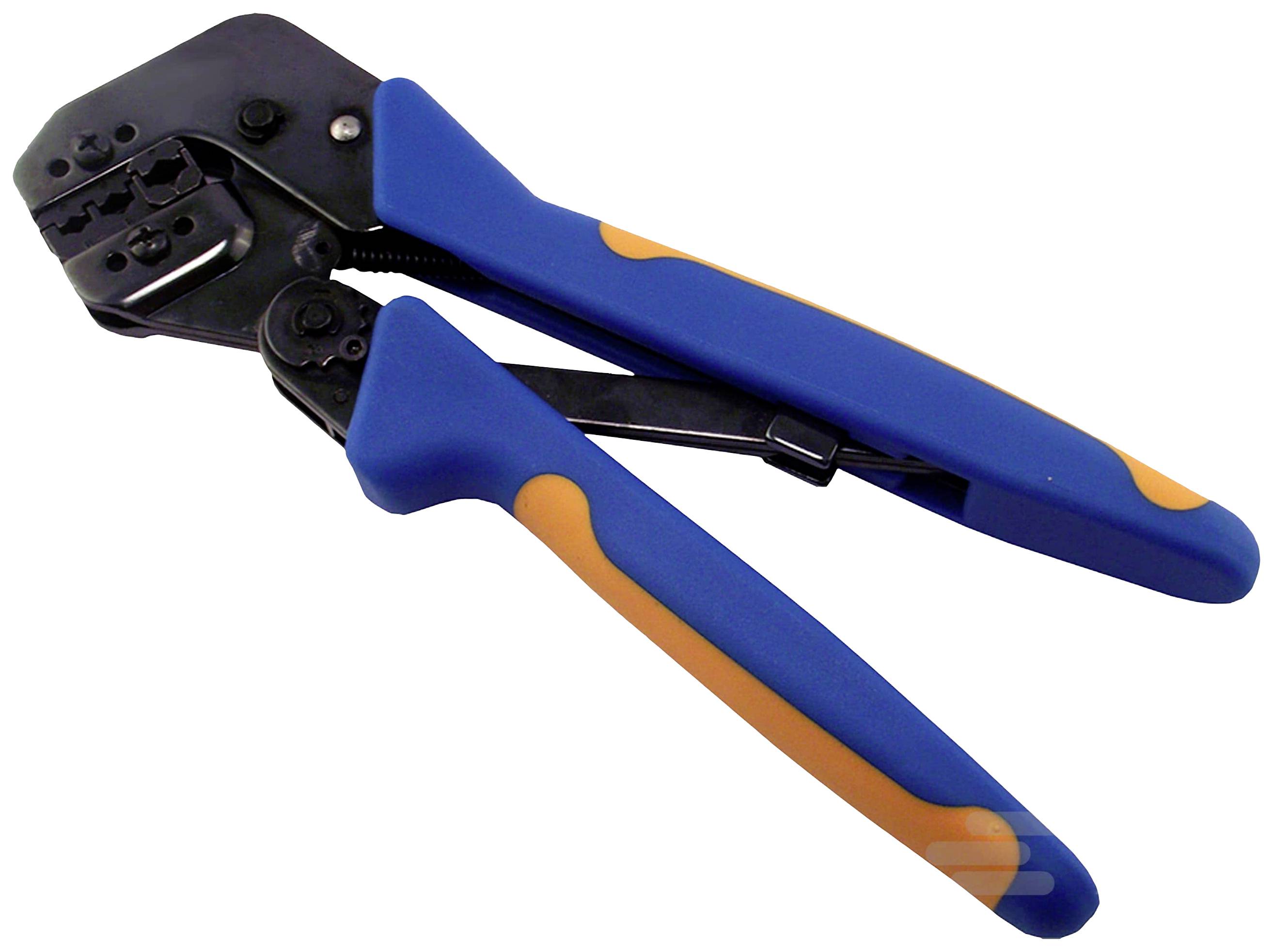 Szczypce do zaciskania ręcznego z uchwytem w kolorze niebiesko-pomarańczowym, używane do mocowania wtyczek przy kablach. Narzędzie stosowane w instalacjach elektrycznych i sieciowych.