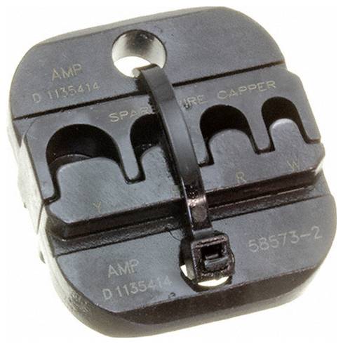 Zbliżenie zestawu matryc czarnego narzędzia do zaciskania oznaczonego jako „SPARE WIRE CAPPER 58573-2" z oznaczeniami literowymi „Y R W" dla kolorowo kodowanych szczelin na przewody.