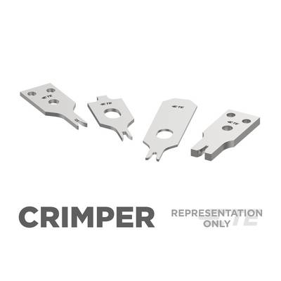Cztery srebrne szczypce do zaciskania z logo TE na białym tle. Tekst u dołu: 'CRIMPER' i 'REPRESENTATION ONLY'.