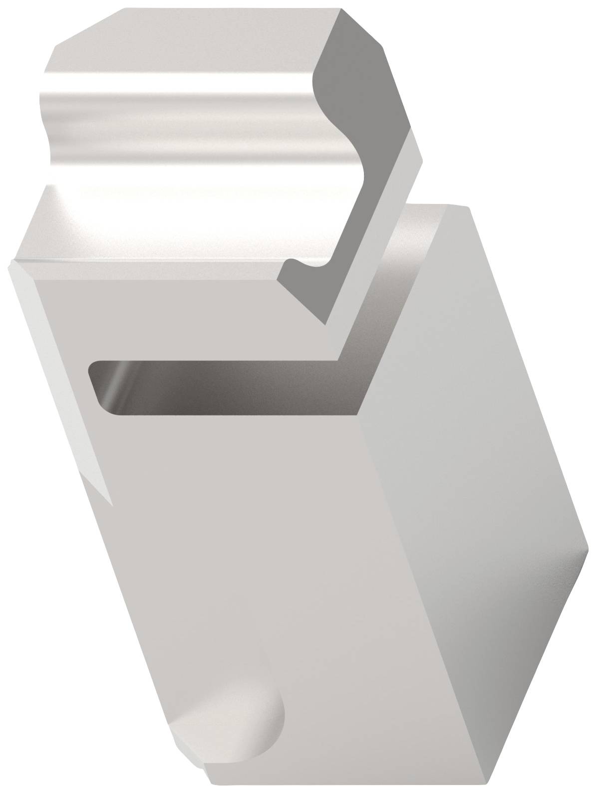 Srebrny, metalicznie wyglądający element z rowkowym wycięciem u góry, prawdopodobnie część technicznego narzędzia.