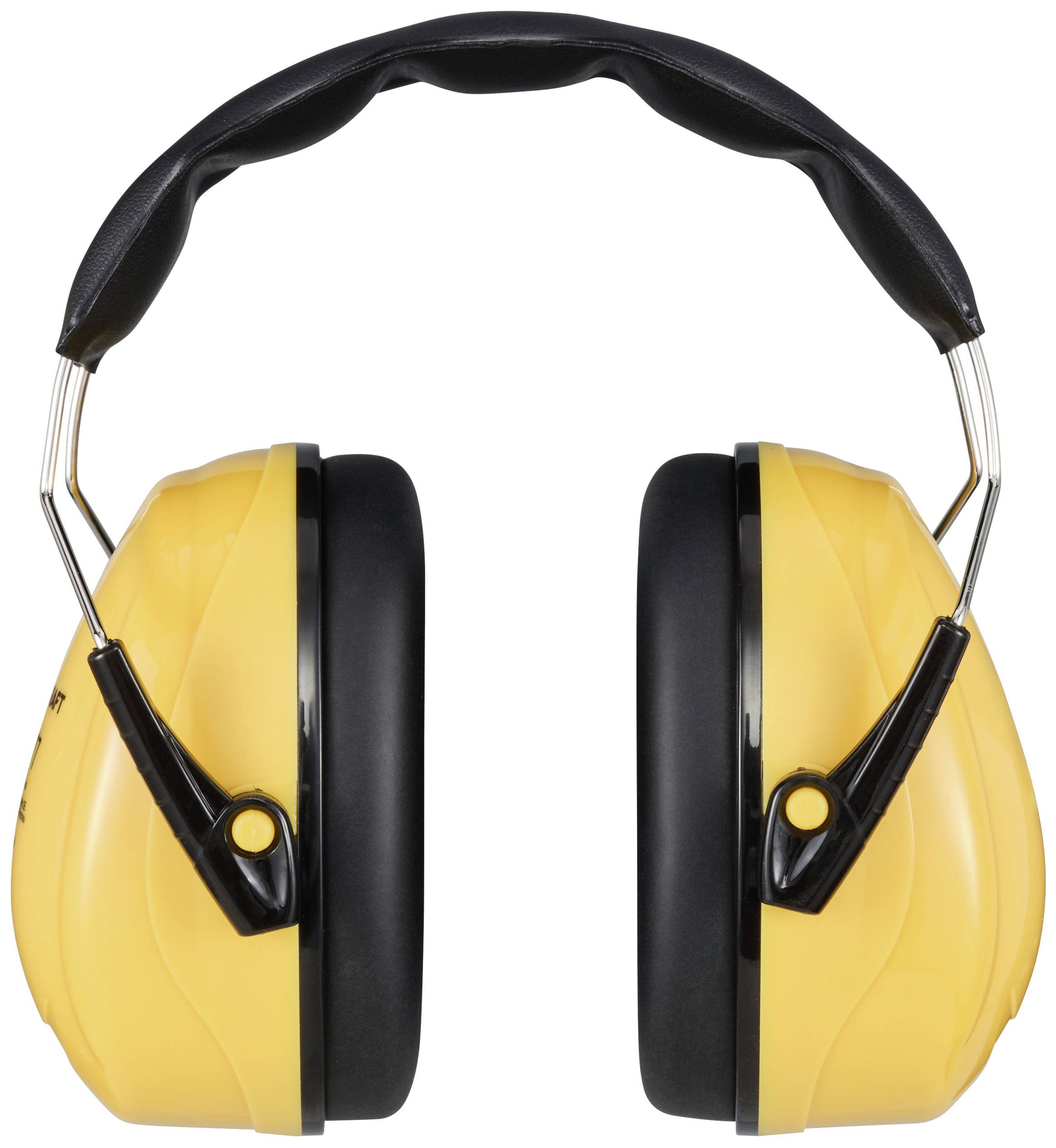 Żółte nauszniki ochronne z czarną poduszką, sfotografowane z przodu.