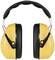 Żółte nauszniki ochronne z czarną poduszką, sfotografowane z przodu.