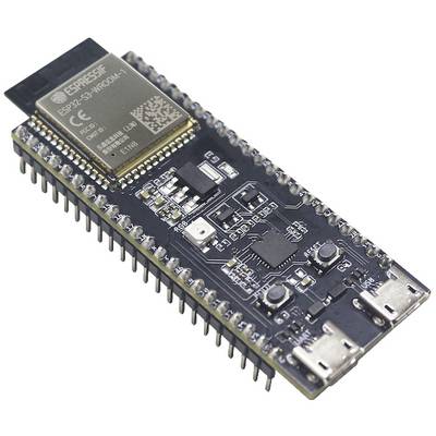 Płytka mikrokontroleraZ chipem ESP32, otoczona różnymi złączami i elementami elektronicznymi.