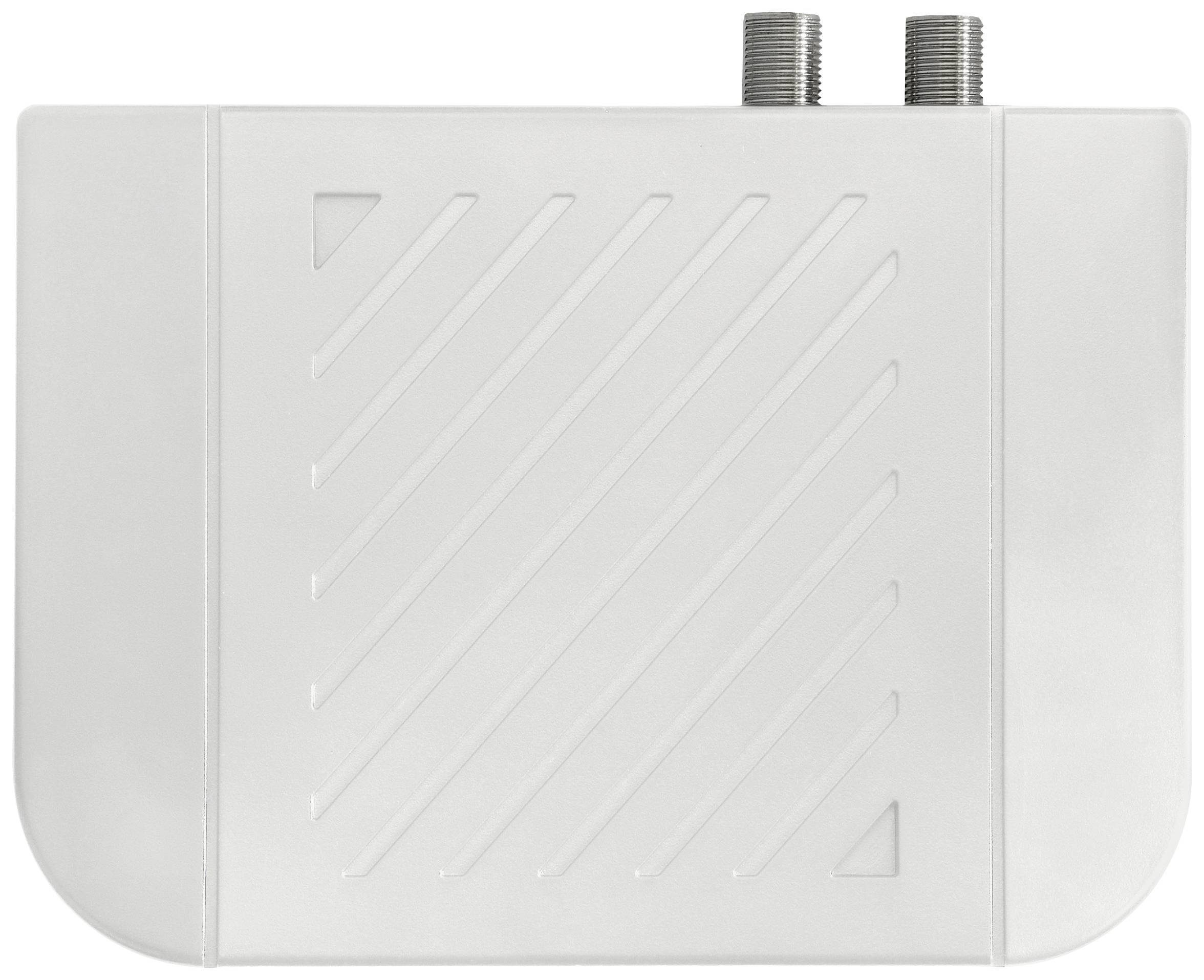 Biały sprzęt elektroniczny z dwoma złączami na górze, prawdopodobnie modem lub router, na białym tle.