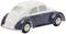 Mały modelik samochodu w dwóch kolorach - białym i niebieskim, z zamkniętymi oknami i widocznymi tylnimi światłami, na białym tle.