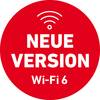 Czerwony okrąg z napisem 'NOWA WERSJA Wi-Fi 6' i symbolem Wi-Fi u góry.