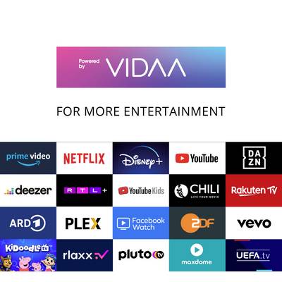 "Obsługiwane przez VIDAA" nad siatką logo usług streamingowych takich jak Prime Video, Netflix, Disney+, YouTube, DAZN i inne.