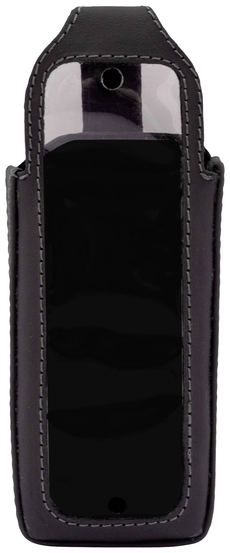 Czarna skórzana torba na urządzenie mobilne z wycięciami na ekran i aparat fotograficzny.