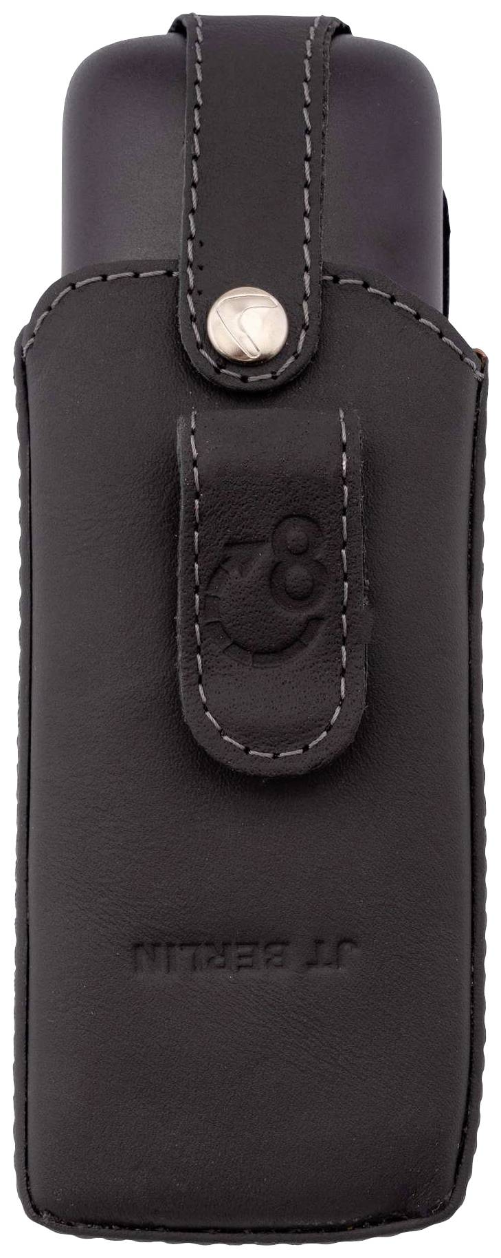 Telefon komórkowy w czarnej skórzanej torbie z pętlą i srebrnym zatrzaskiem.