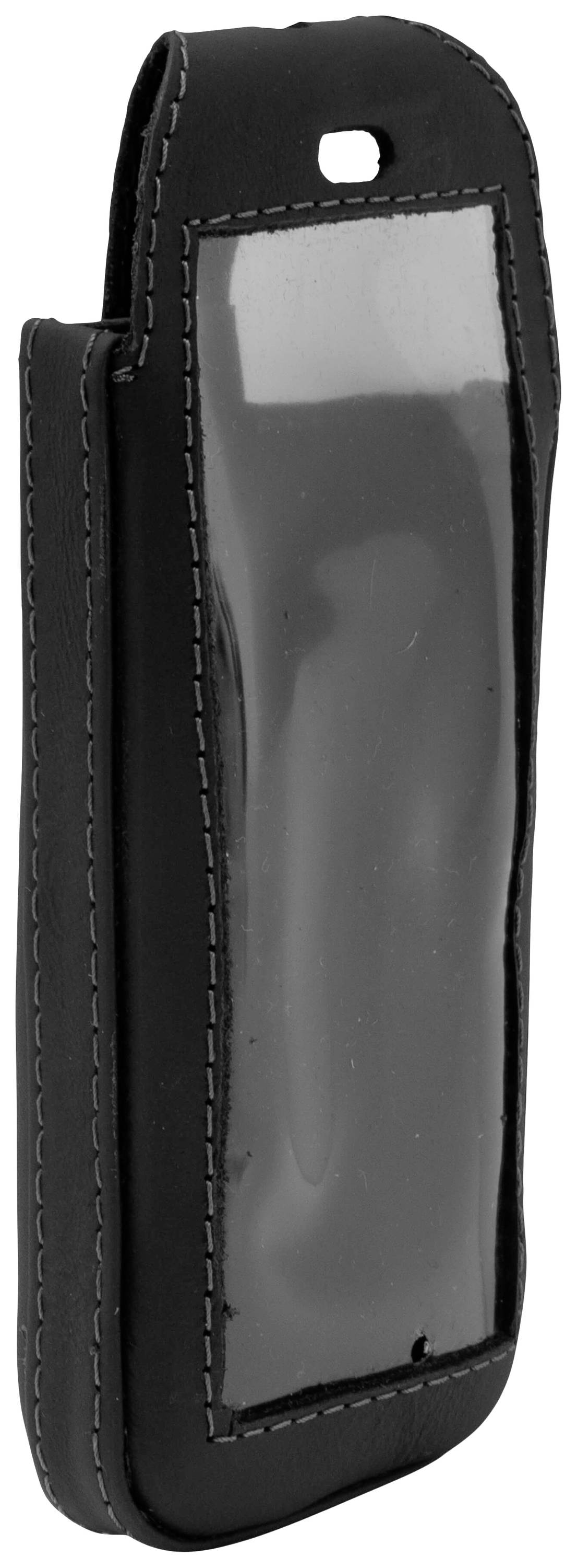 Czarna torba na telefon z przezroczystym okienkiem i białymi szwami, wykonana ze skóry.