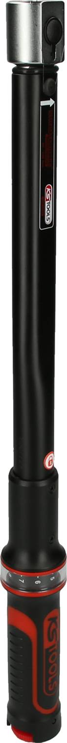 Smukły czarny klucz dynamometryczny z czerwonym uchwytem i wyświetlaczem cyfrowym. Odpowiedni do precyzyjnych prac ślusarskich.