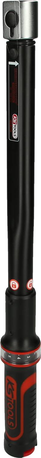 Czarny klucz dynamometryczny z wyświetlaczem LED i czerwonym uchwytem. Zakres momentu obrotowego można cyfrowo regulować.