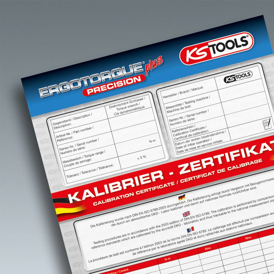 Certyfikat kalibracji firmy KS Tools dla Ergotorque Precision Plus, przedstawiający specyfikacje techniczne i informacje kalibracyjne.