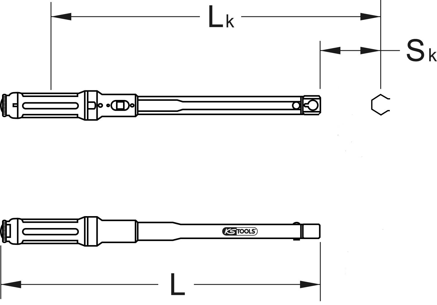 Rysunek klucza dynamometrycznego z uchwytem i czworokątną głowicą. Opisany napisem 'KS Tools', z oznaczeniami wymiarów: 'L', 'Lk', 'Sk'.
