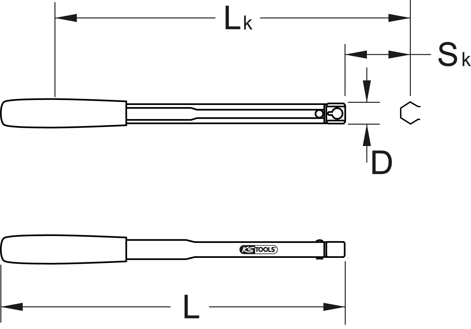 Ilustracja klucza dynamometrycznego firmy KS Tools z oznaczeniami: długość ramienia (Lk), rozmiar klucza (Sk), średnica (D), długość całkowita (L).
