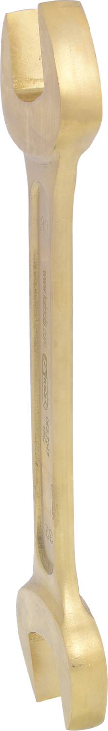 Żółty klucz nastawny z dwoma otwartymi końcówkami o różnych rozmiarach, sfotografowany na białym tle.