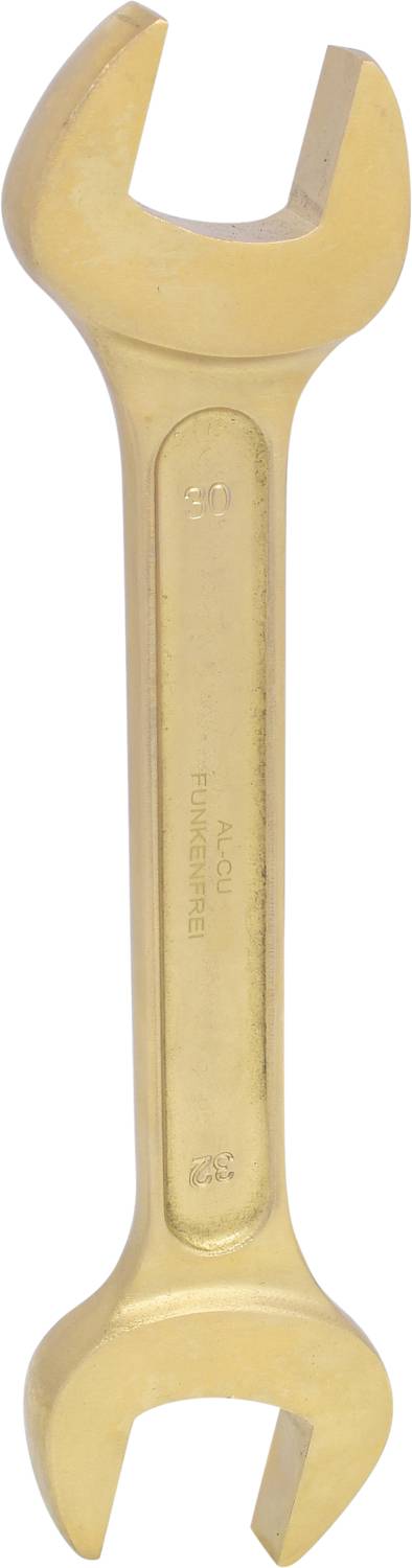 Złoty klucz nastawny z dwoma otwartymi końcówkami o różnych rozmiarach, leżący na białej powierzchni.