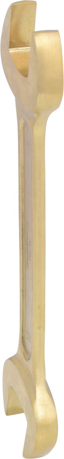 Złoty metalowy klucz zapłonowy z haczykiem z przodu i trzonkiem z tyłu.