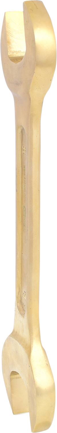 Dwustronny klucz metalowy w jednolitym kolorze, służący do dokręcania lub odkręcania śrub i nakrętek.