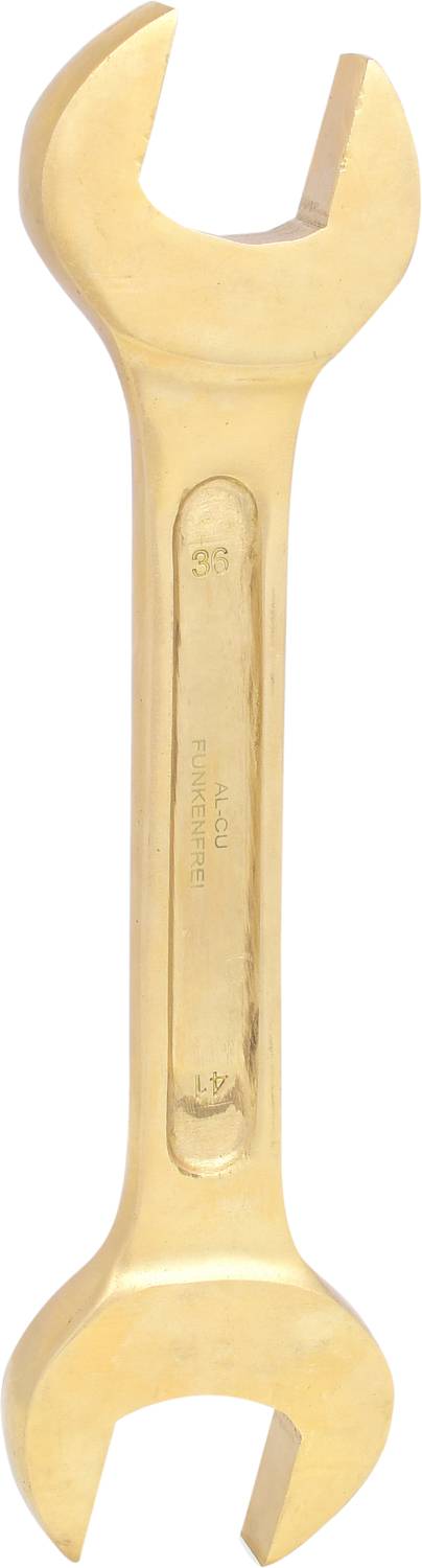 Dwustronny klucz widełkowy wykonany z metalu, jedna strona nieco większa od drugiej. Odpowiedni do różnych rozmiarów śrub.