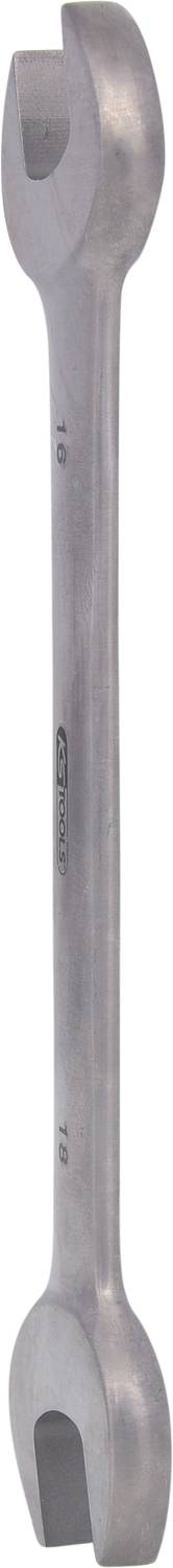 Srebrny klucz płaski z otwartymi końcówkami, przydatny do dokręcania nakrętek i śrub w różnych rozmiarach.