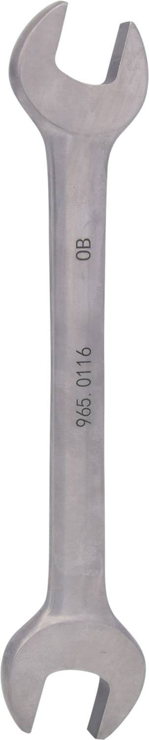 Płaski leży srebrny klucz nastawny z wygrawerowanymi cyframi '965 0116'.
