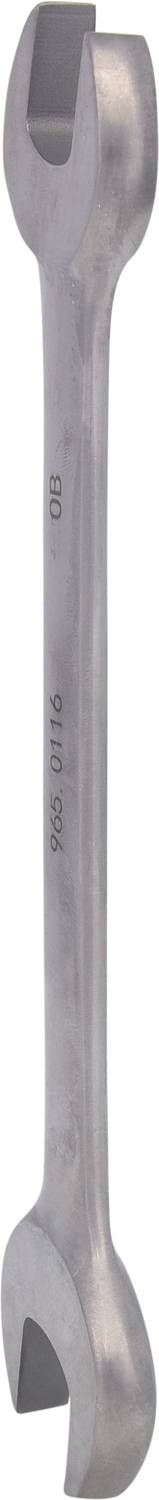 Srebrny, dwustronny klucz widełkowy z otwartymi końcówkami w różnych rozmiarach, przydatny do dokręcania i odkręcania nakrętek oraz śrub.