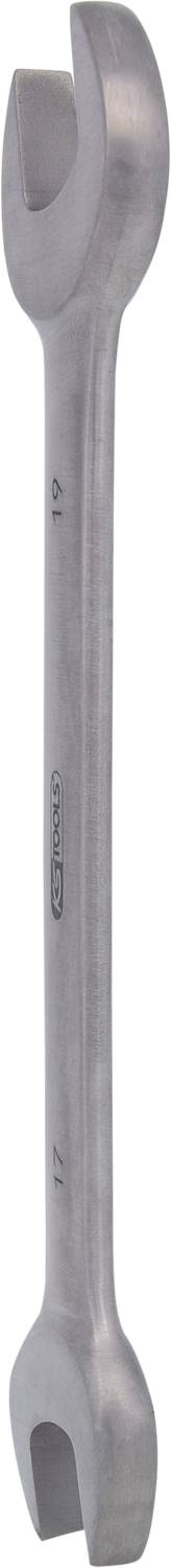 Szary klucz nastawny (widełkowy) o dwóch końcach o różnych rozmiarach, oznaczony jako 17 mm i 19 mm, na białym tle.