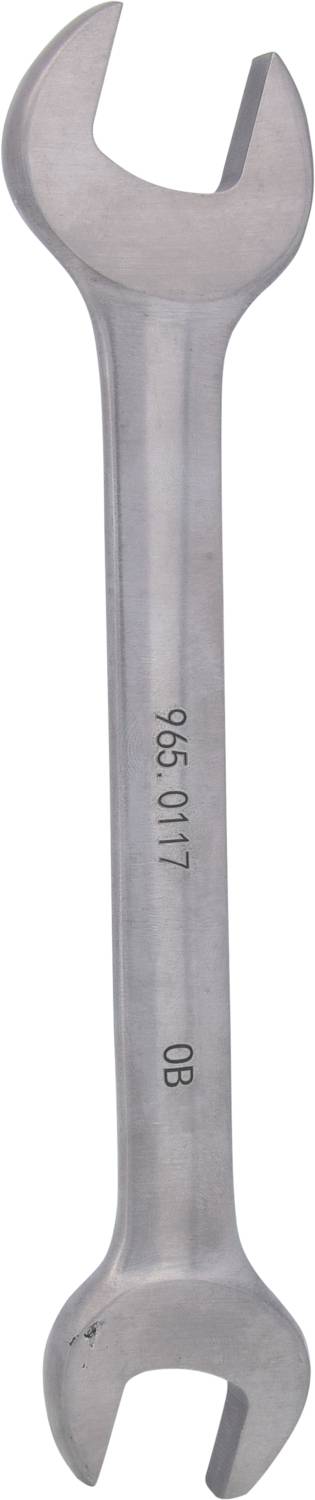 Srebrny klucz nastawny z dwoma otwartymi końcówkami, idealny do dokręcania i odkręcania nakrętek i śrub, z napisem '965 0117'.