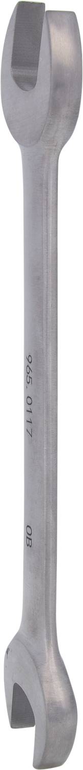 Srebrny klucz nastawny z otwartymi końcówkami po obu stronach.