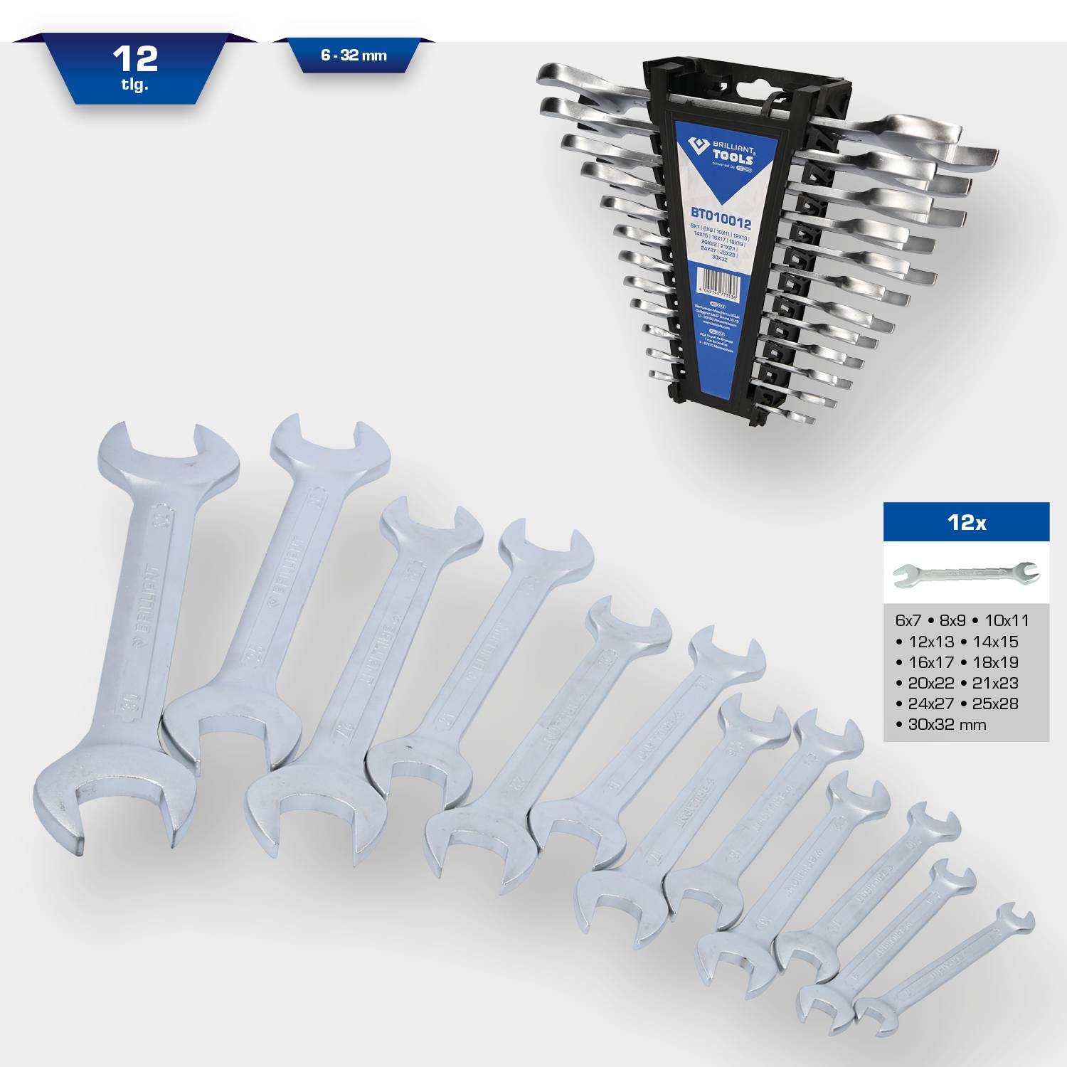 Zestaw 12 kluczy płasko-oczkowych o rozmiarach 6-32 mm. Zawiera listę rozmiarów: 6x7 do 24x27. Wyposażony w uchwyt ścienny do łatwego przechowywania.