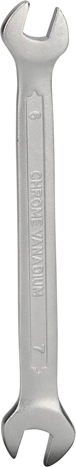 Srebrny klucz płaski dwustronny o dwóch różnej wielkości otworach na końcach, przeznaczony do użycia przy różnych rozmiarach śrub.