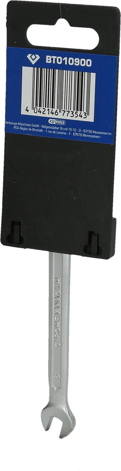 Srebrny klucz płaski o rozmiarze 13, zapakowany w czarny uchwyt z niebieską etykietą i kodem kreskowym na górze.