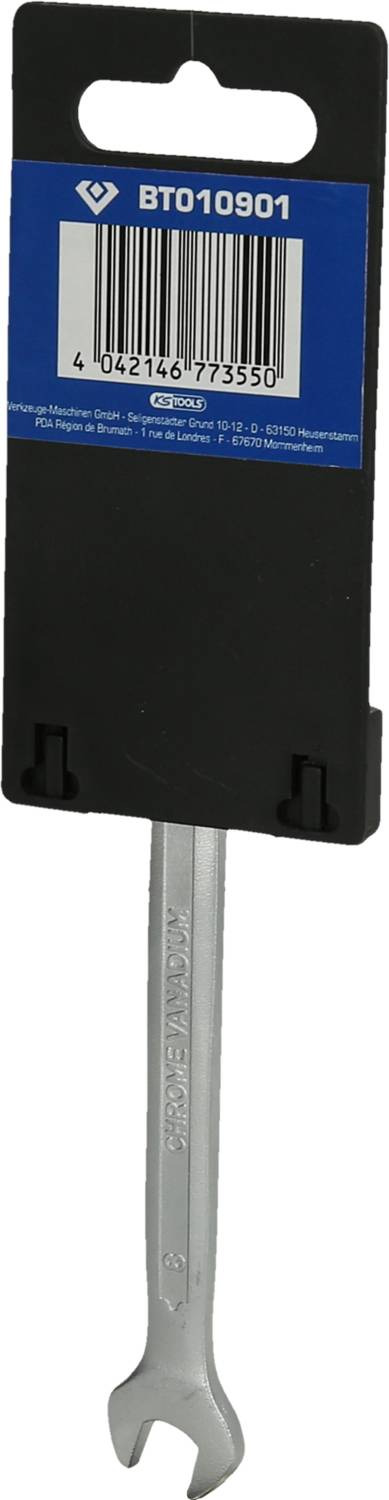 Klucz widełkowy w opakowaniu z zawieszką.