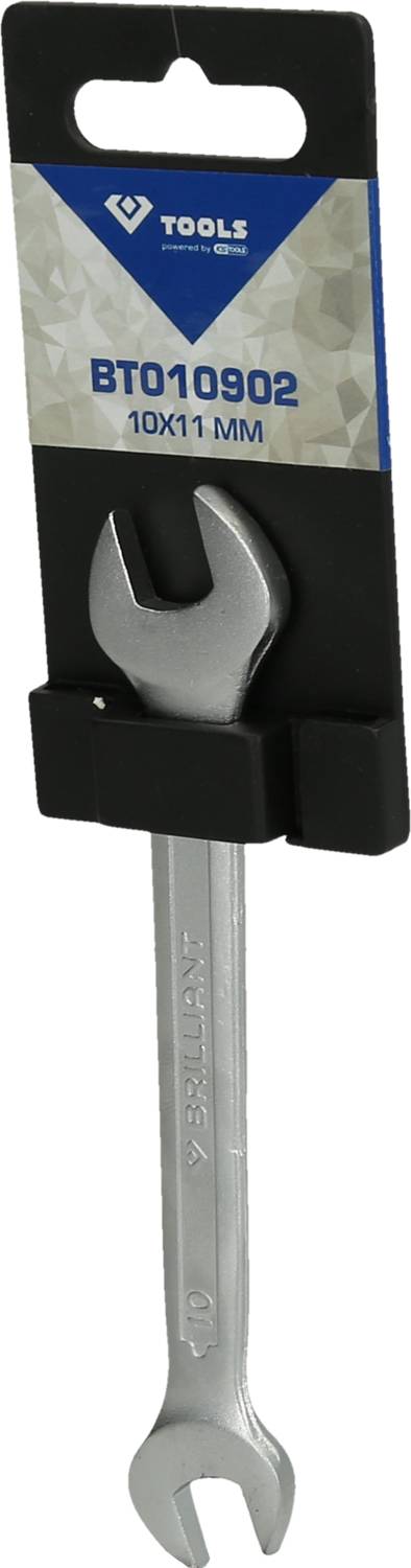 Srebrny otwarty klucz płaski o rozmiarze 10x11 mm, zapakowany z etykietą z napisem 'TOOLS' i 'BT010902'.