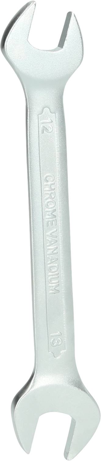 Srebrny klucz płaski z otwartymi końcówkami, przydatny do nakrętek i śrub.