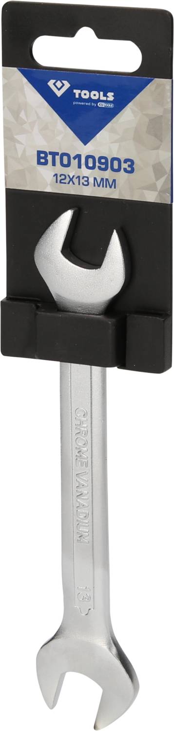Klucz płaski z napisem 'TOOLS BT010903 12x13 MM' na opakowaniu. Opakowanie i uchwyt widoczne.