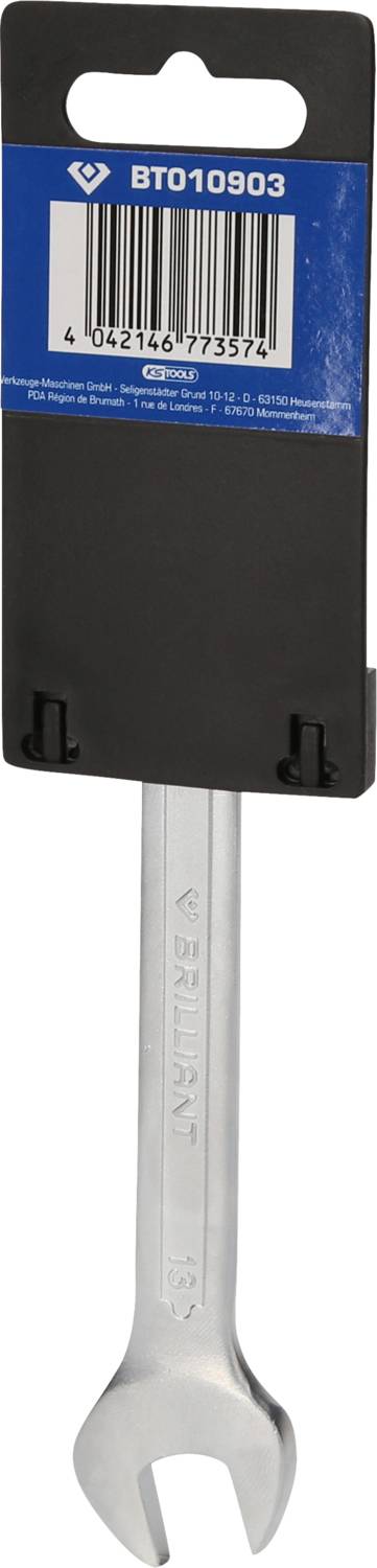 Srebrny klucz nastawny marki BT010903, zamocowany do czarno-niebieskiego opakowania z kodem kreskowym.