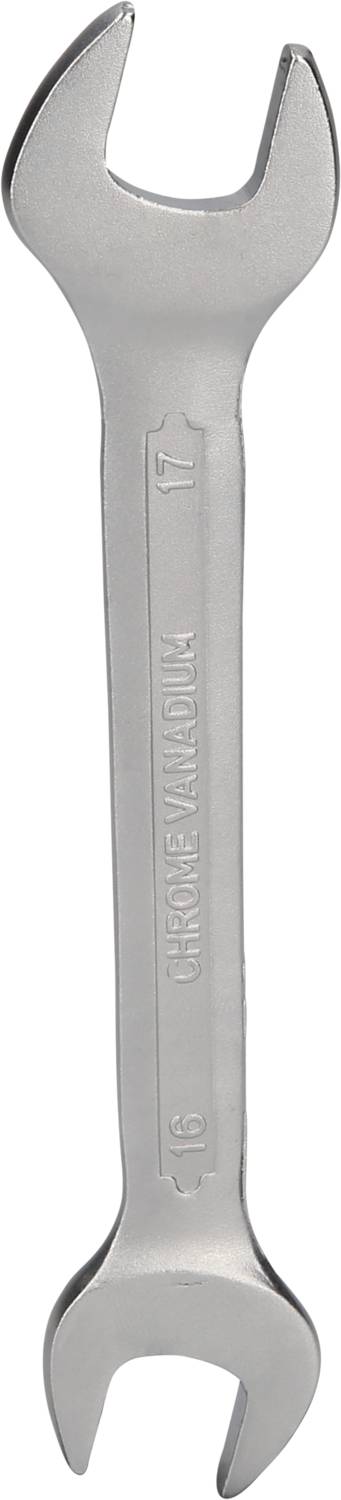 Srebrny klucz płaski z dwoma otwartymi końcówkami. Na kluczu wytłoczone są oznaczenia rozmiaru '16' i '17'.