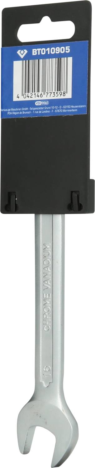 Srebrny metalowy klucz nastawny, przymocowany do czarnego opakowania, z kodem kreskowym i numerem 'BT010905' u góry.