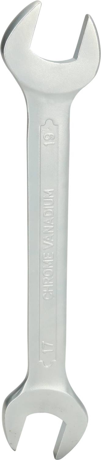 Srebrny klucz płasko-oczkowy o dwóch końcach różnej wielkości, służący do dokręcania lub odkręcania śrub.