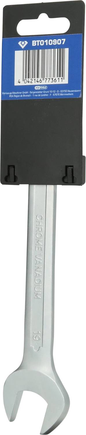 Klucz do śrub wykonany z metalu w niebieskim opakowaniu, które posiada kod kreskowy i numer seryjny.