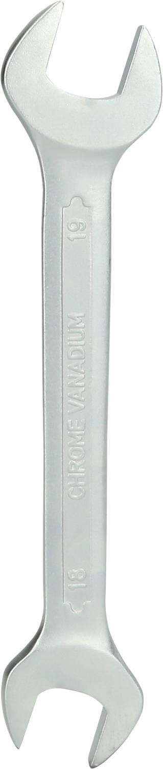 Srebrny klucz płaski z dwoma otwartymi końcówkami o różnej wielkości.