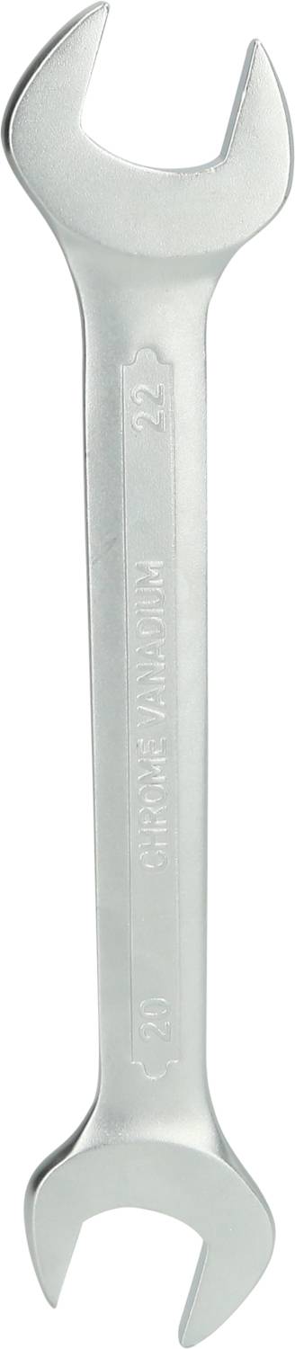 Srebrny klucz nastawny z dwoma różnej wielkości otworami szczękowymi, przydatny do odkręcania nakrętek i śrub.