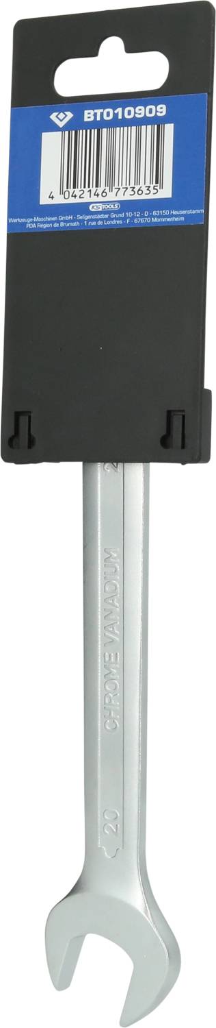 Srebrny klucz nastawny o rozwartych szczękach, umieszczony na czarnym uchwycie z niebieską etykietą.