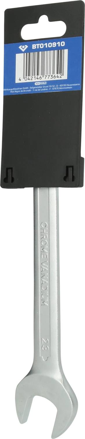 Srebrny klucz nastawny w czarnym opakowaniu z niebieską etykietą i kodem kreskowym u góry.